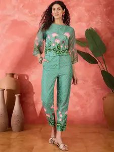 Sangria Printed Boat Neck Top With Trousers