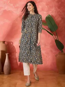 Sangria Floral Embroidered Mandarin Collar Thread Work Georgette A-Line Kurta