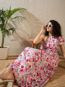 StyleStone Floral Print One Shoulder Ruffled Crepe Maxi Dress