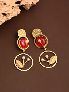 Anvik Gold-Plated Artificial Stones Studded And Beaded Contemporary Shaped Drop Earring