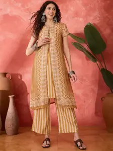 Sangria Striped Round Neck Straight Linen Kurta And Palazzo With Shrug