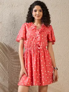 StyleStone Polka Dot Print Flutter Sleeve Ruffled Crepe Fit & Flare Dress