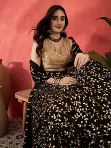 Sangria Foil Printed V-Neck Sleeveless Lehenga With Choli & Dupatta