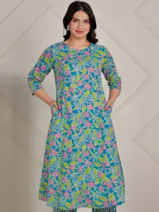 Aramya Floral Printed Round Neck Panelled A-Line Cotton Kurta