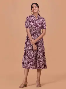 all about you Women Floral Print Mandarin Collar Puff Sleeve Midi A-Line Dress