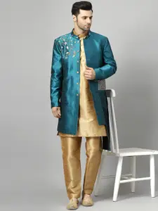Utsav Fashion Men Embroidered Art Silk Sherwani & Pant With Art Silk Kurta Set