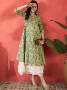 Sangria Women Floral Printed Cotton Layered Maxi Ethnic Dress