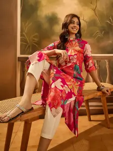 Sangria Floral Printed Mandarin Collar A-line Kurta