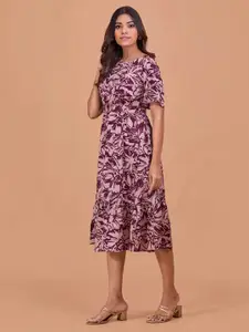 all about you Women Floral Print Boat Neck A-Line Midi Dress Comes with a belt