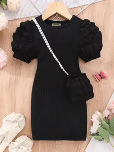 INCLUD Girls Puff Sleeve Bodycon Dress with Sling Bag