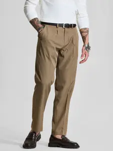 Snitch Men Tailored Tan Mid-Rise Slim Fit Trousers