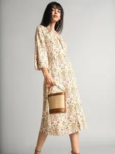 AND Floral Print Flared Sleeve A-Line Midi Dress