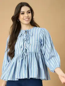 all about you Vertical Stripes Tie-Up Neck Puff Sleeve Cotton Peplum Top