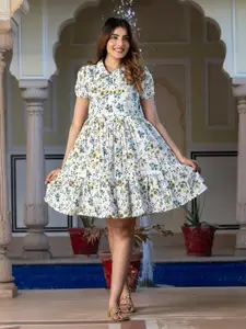 KALINI Floral Printed Puff Sleeve  Pure Cotton Fit & Flare Dress