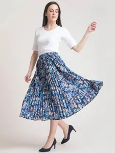ZWERLON Women Floral Printed Pleated A-Line Midi Skirt