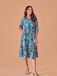 all about you Floral Print Puff Sleeves Cotton Fit & Flare Midi Dress