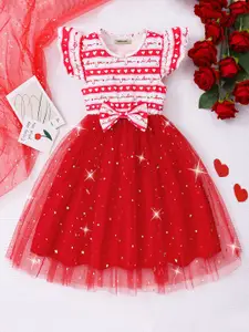 INCLUD Girl Graphic Heart Print Flutter Sleeve Bow Tulle Fit & Flare Dress