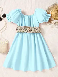 INCLUD Girls Round Neck Puff Sleeve Fit & Flare Dress