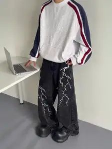 StyleCast Men Wide Leg Mid-Rise Light Fade Printed Cotton Jeans