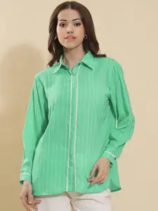 all about you Women Oversized Fit Spread Collar Vertical Striped Casual Shirt