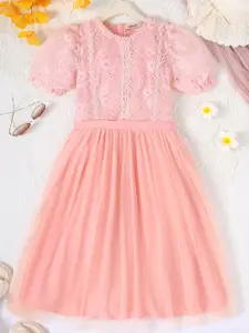 INCLUD Girl Round Neck Puff Sleeve Knee Length Fit & Flare Dress