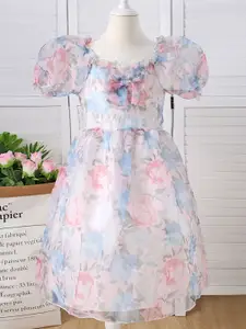 INCLUD Girls Floral Print Puff Sleeve Bow Fit & Flare Dress