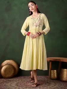 Sangria Women Floral Embroidered Cotton Fit & Flare Midi Dress