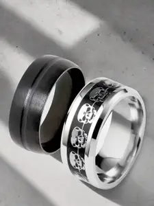 The Roadster Lifestyle Co. Men Set Of 2 Stainless Steel Punk Skull Broad Band Rings