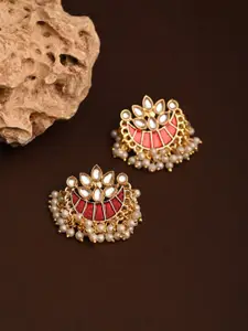 Anvik Gold-Plated Artificial Stones Studded & Beaded Meenakari Crescent Shaped Studs