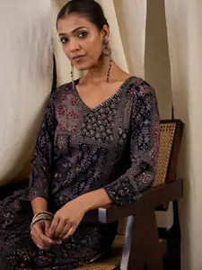 Anouk Ethnic Motifs Printed Sequinned Work V-Neck Straight Kurta