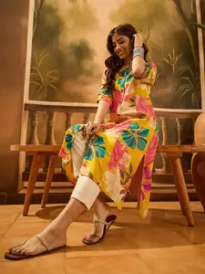 Sangria Floral Printed Mandarin Collar A-line Kurta