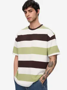 The Souled Store Men Striped Round Neck Cotton Oversized T-shirt