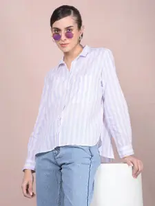Crimsoune Club Women Spread Collar Vertical Striped Cotton Casual Shirts