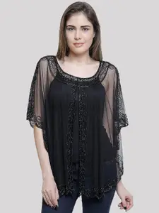 HAUTEMODA Beads Embroidered Poncho Cape Net Shrug