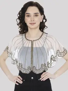 HAUTEMODA Beads Embroidered Poncho Cape Net Shrug