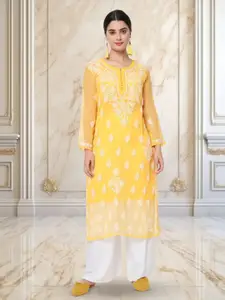 PARAMOUNT CHIKAN Floral Embroidered Lucknowi Chikankari Georgette Straight Kurta