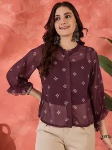 Sangria Printed Georgette Bell Sleeves Shirt Style Top