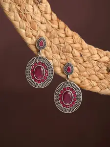 Anvik Silver-Plated American Diamond Studded Oval Shaped Oxidised Drop Earrings