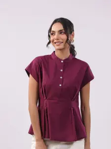 JISORA Women Mandarin Collar Cap Sleeves Cotton Top