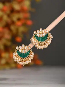 Anvik Gold-Plated Artificial Stones Studded & Beaded Meenakari Crescent Shaped Studs