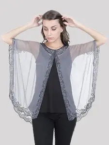 HAUTEMODA Beads Embroidered Poncho Cape Net Shrug