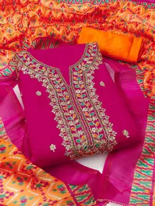 HMP Fashion Floral Embroidered Sequinned Chanderi Cotton Unstitched Dress Material