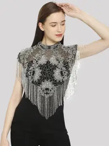 HAUTEMODA Beads Embroidered Poncho Cape Net Shrug