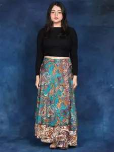 Exotic India Women Double Layer Wrap-Around Long Skirt With Floral Print