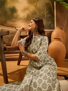 Sangria Floral Printed Mandarin Collar Pure Cotton A-Line Kurta