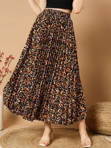 OTABU Abstract Printed Accordian Pleats Flared Maxi Skirt