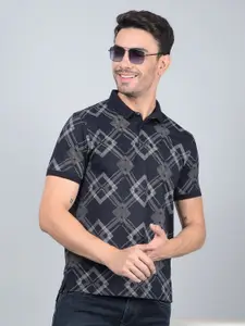 Crimsoune Club Men Geometric Printed Polo Collar Cotton Slim Fit T-shirt