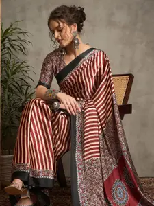 Anouk Striped Pure Crepe Block Print Saree