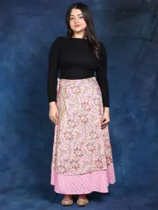 Exotic India Double Layer Wrap-Around Long Skirt with Floral Print
