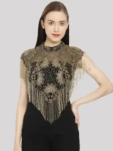 HAUTEMODA Beads Embroidered Poncho Cape Net Shrug